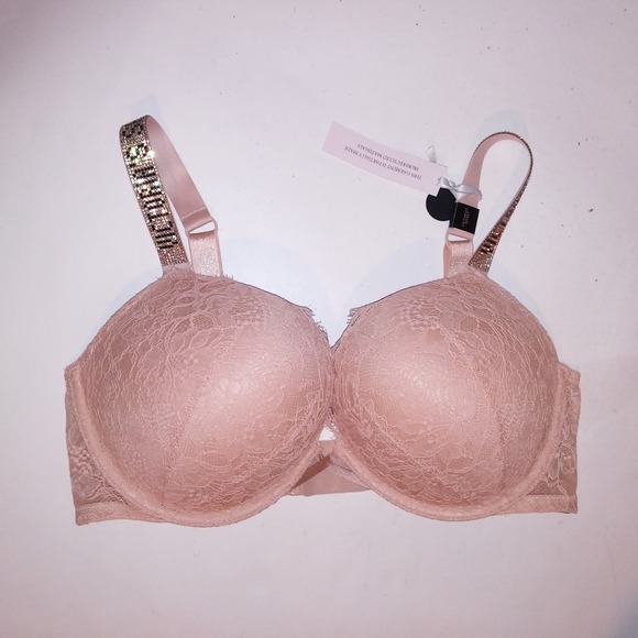 Victoria Secret Bra 36D Bombshell Push Up Shine Strap Beige Lace Logo Very Sexy